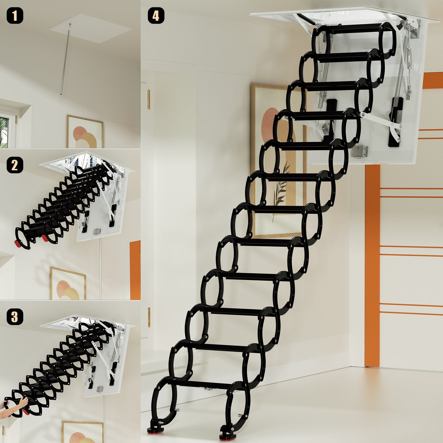 12 Steps Black loft wall ladder stairs and Pull Rod,Loft Wall Folding Pulldown Attic Ceiling Ladder Stairs 39.4 * 27.6"