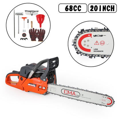 20 in. 68CC Gasoline Chainsaw Cutting Wood Gas Sawing Aluminum Crankcase Chain Saw