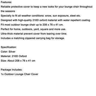 Waterproof Silver Sun Lounge Chair Dust Oxford Outdoor Garden Furniture Cover