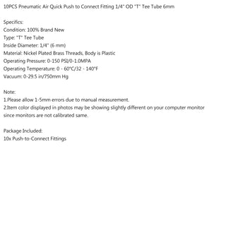 10PCS Pneumatic Air Quick Push to Connect Fitting 6 mm OD "T" Tee Tube 6mm