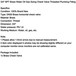 3/4" Female Thread Brass Horizontal DN20 One-Way Non-Return Swing Check Valve