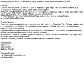 Early Learning 4 Hoop Kid Basketball Hoop Indoor/Outdoor Preschool Hoop Set Red Toy