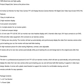 Rear View Reverse Monitor PAL NTSC HD Camera Display 4.3" TFT LCD Car Monitor