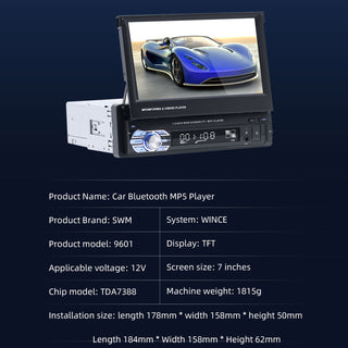 7" 1Din Telescopic Touch Screen Car Radio Audio Stereo MP5 Player + 4 LED Camera
