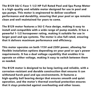 B129 Pool Pump Motor 1.5 HP 56J Frame Pool Motor 115/230 V