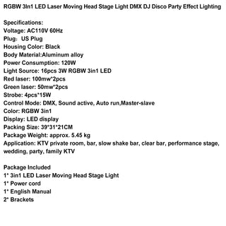RGBW 3In1 LED Laser Moving Head Stage Light DMX DJ Disco Party Effect Lighting