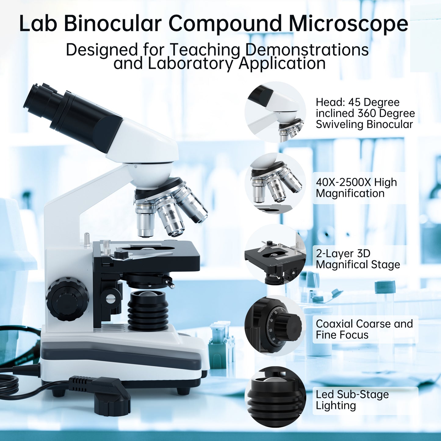 Advanced Binocular Microscope with 6 Magnification Settings – 40X-2500X, Widefield Eyepieces, and LED Lighting