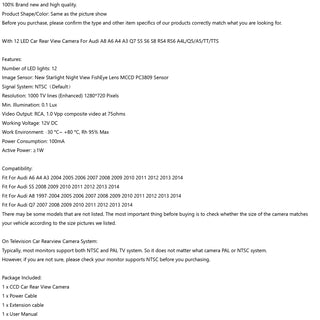 Reverse Backup Camera 12LED for Audi A8 A6 A4 A3 Q7 S5 S6 S8 RS4 RS6 A4L/Q5/A5