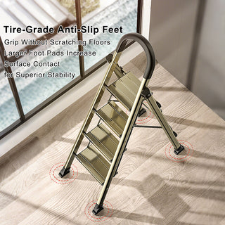 330lb Capacity Portable Folding Step Stool with Anti-Slip Sturdy and Wide Pedal Gold Multi-Use Aluminum Stepladder for Home Kitchen Office 4 Step Ladder