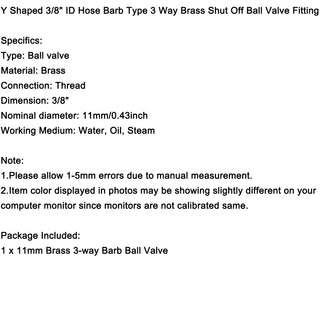 3 Way Shut Off Ball Valve 3/8" ID Hose Barb 2 Switch Brass Y Shaped Valve