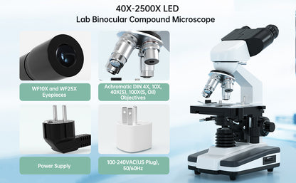 Advanced Binocular Microscope with 6 Magnification Settings – 40X-2500X, Widefield Eyepieces, and LED Lighting