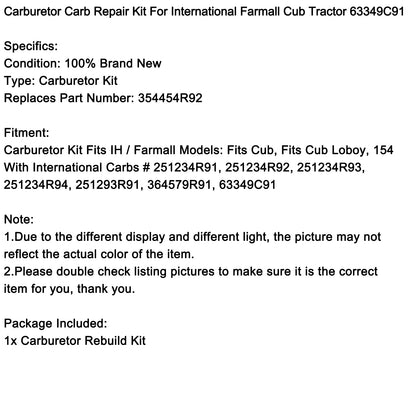 Carburetor Carb Repair Kit For International Farmall Cub Tractor 63349C91 Generic