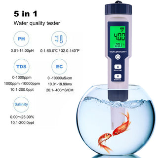 5in1 PH/TDS/EC/Salinity/Temperature Digital Water Quality Tester Meter Test Tool