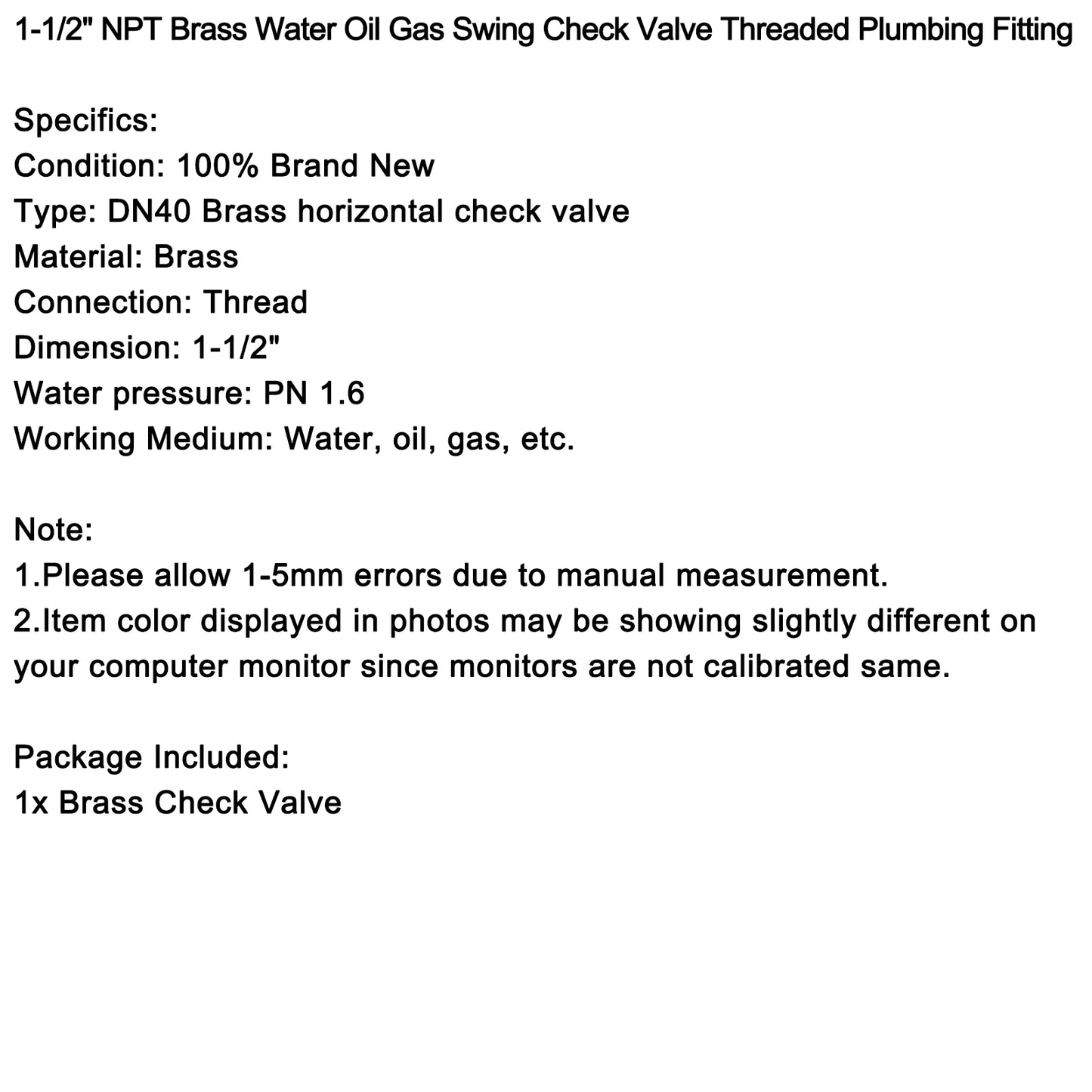 1-1/2" Female Thread Brass Horizontal DN15 One-Way Non-Return Swing Check Valve