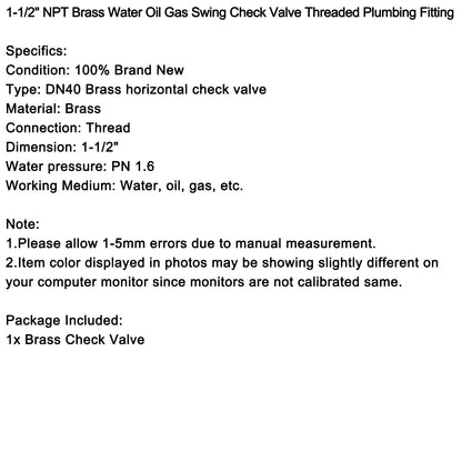 1-1/2" Female Thread Brass Horizontal DN15 One-Way Non-Return Swing Check Valve