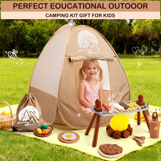 Binoculars Cooking Tools Kids Camping Set with Tent Indoor and Outdoor Gift for Boys Girls 34Pcs Camping Pretend Play Set with Light-Up Campfire Grill