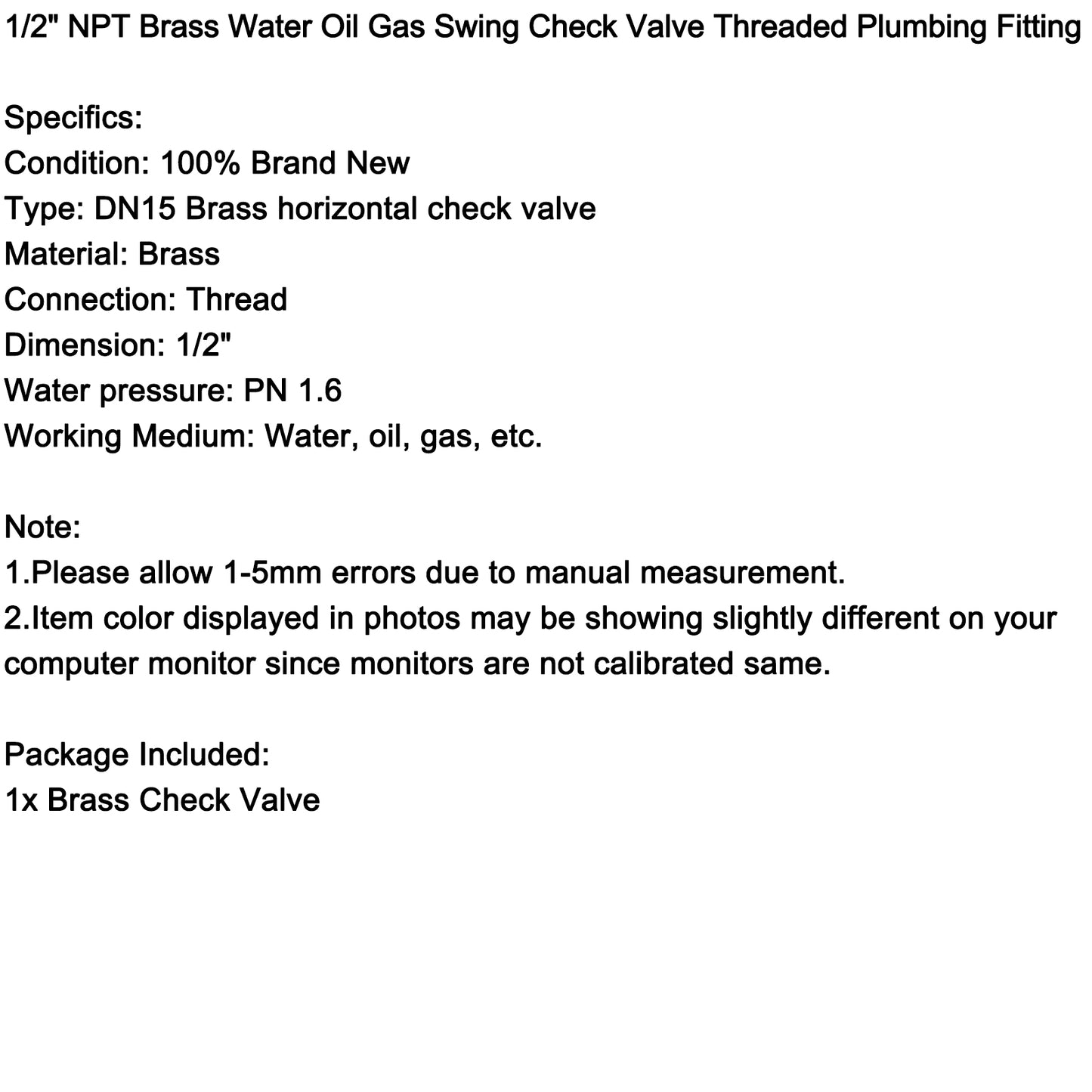 1/2" NPT Brass Water Oil Gas Swing Check Valve Threaded Plumbing Fitting