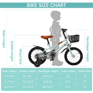 14" Kids Toddlers Bicycle for Boys and Girls with Training Wheels Basket Cyan