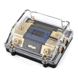 Splitter LED Display 1x0 IN 2x4GA OUT Distribution Block Fuse Holder Heat resistant plastic housing Clear Cover Nickel Plated for Car Audio Marine