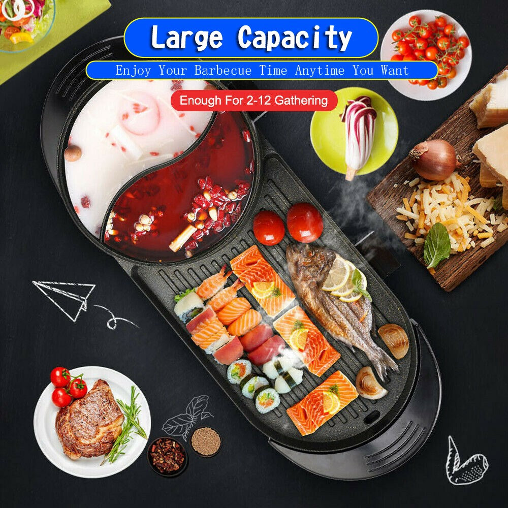 2 in 1 Portable Electric Hot Pot Barbecue Grill Non-Stick Teppanyaki Pan