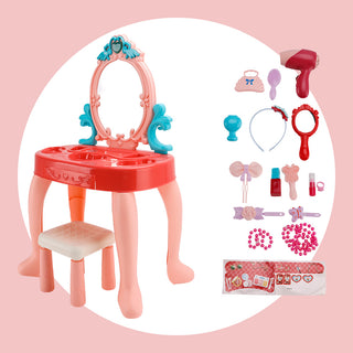 Toddler Makeup Table with Mirror and Chair Kids Vanity Set with Blowdryer for 3+