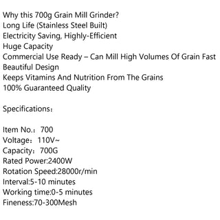 Herb Grain Grinder 700g Electric Grind Mills for Kitchen High Speed/Durable Life Coffee Corn