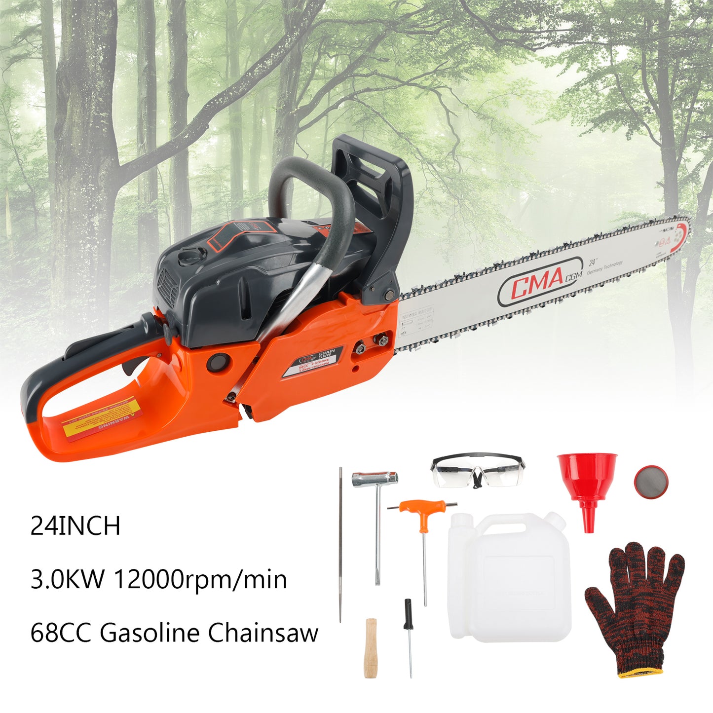 24" 68CC Gasoline Chainsaw Cutting Wood Gas Sawing Aluminum Crankcase Chain Saw