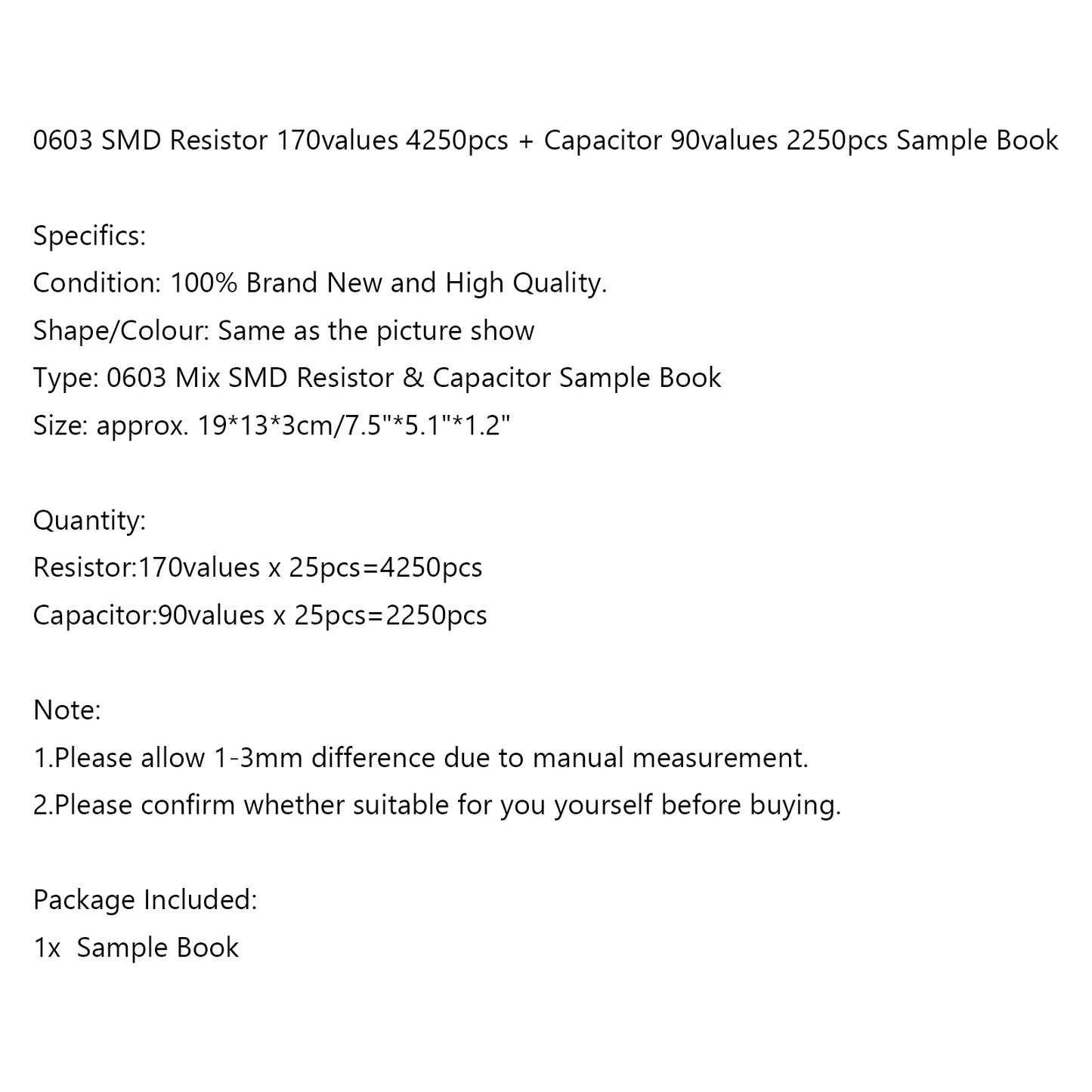 0603 SMD Resistor 1% 170values 4250pcs + Capacitor 90values 2250pcs Sample Book