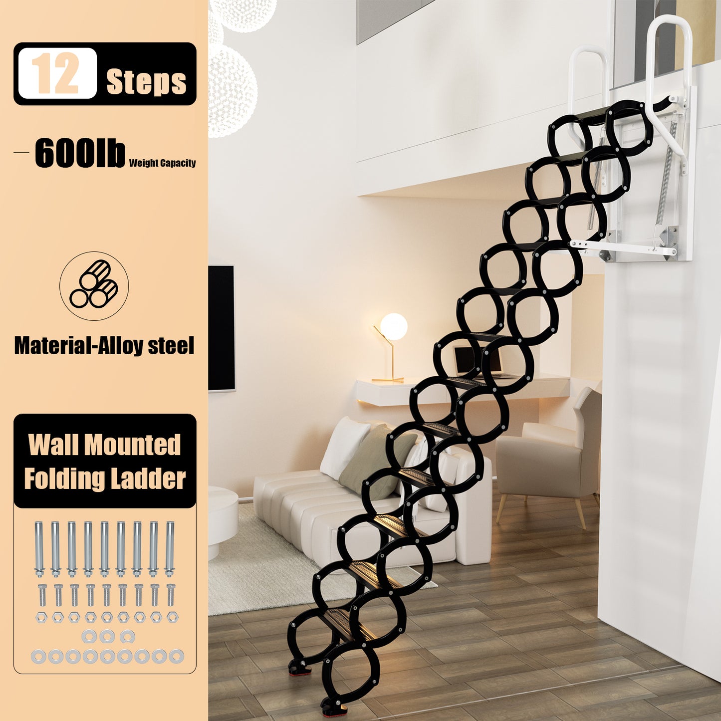 9.8ft Black Wall Mounted Folding Loft Ladder Stairs Attic Ladder Home Pulldown Wall Mounted Folding Ladder Black Loft Attic Stairs Pull down 12 Steps