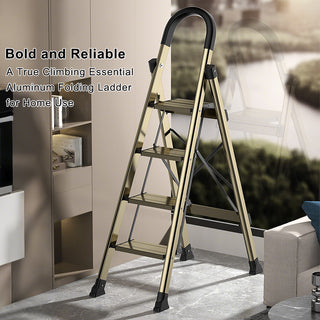 330lb Capacity Portable Folding Step Stool with Anti-Slip Sturdy and Wide Pedal Gold Multi-Use Aluminum Stepladder for Home Kitchen Office 4 Step Ladder