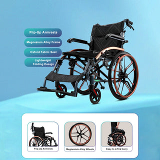 Easy-to-Fold Adjustable Footrests and Eco-Friendly Oxford Fabric Seat – Lightweight Hand-Push Aluminum Alloy Frame Wheelchair with Magnesium Alloy Wheels and Comfortable for Travel