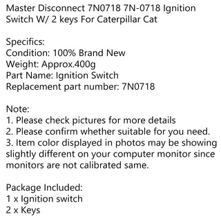 Master Disconnect 7N0718 7N-0718 Ignition Switch For Caterpillar Cat W/2 keys