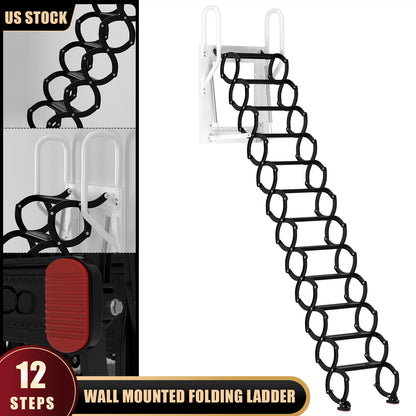 9.8ft Black Wall Mounted Folding Loft Ladder Stairs Attic Ladder Home Pulldown Wall Mounted Folding Ladder Black Loft Attic Stairs Pull down 12 Steps