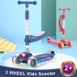 2-in-1 Kids Scooter with Foldable Seat & LED Wheels – 3-Wheel Adjustable (Pink)