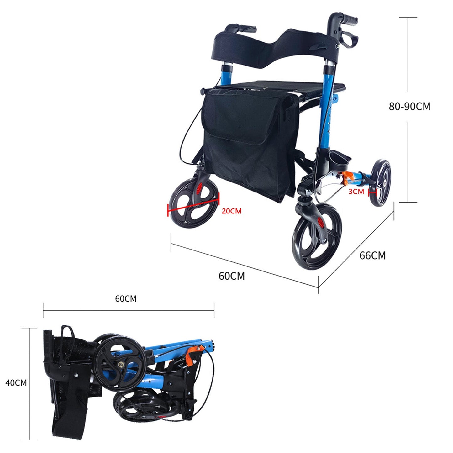 Foldable Rollator Walker with 6 levels of Adjustable Seat 8 Wheels Compact Folding Design Lightweight Mobility Walking Aid suitable for people of different heights