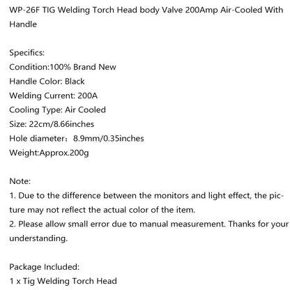 Air-Cooled Head Body Valve WP-26F TIG 200A TIG Welding Torch 26F With Handle