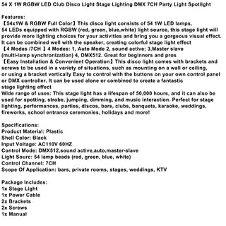 54 X 1W RGBW LED Club Disco Light Stage Lighting DMX 7CH Party Light Spotlight