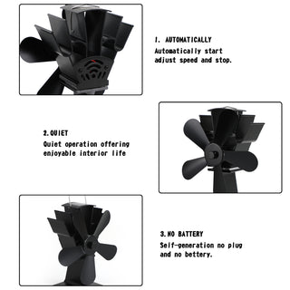 5 Blades Heat Powered Stove Fan Wood Log Burner Fireplace Fuel Saving Eco