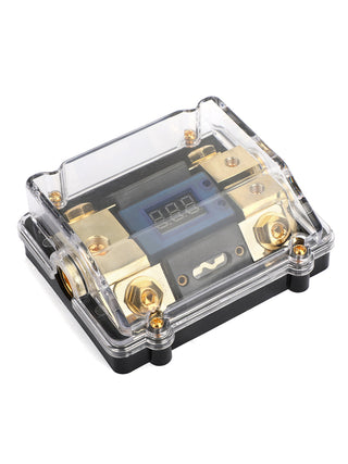 Splitter LED Display 1x0 IN 2x4GA OUT Distribution Block Fuse Holder Heat resistant plastic housing Clear Cover Nickel Plated for Car Audio Marine