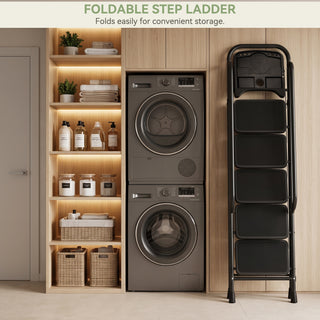 330 lbs Capacity Heavy Duty Steel Step Stool Folding Portable Safety Ladder for Home Kitchen Office 26" x 38" Wide Non-Slip Pedal Black 5-Step Ladder with Handrail & Tool Tray