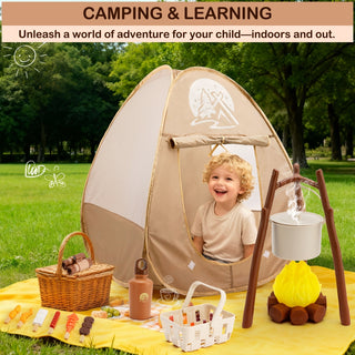 Binoculars Cooking Tools Kids Camping Set with Tent Indoor and Outdoor Gift for Boys Girls 34Pcs Camping Pretend Play Set with Light-Up Campfire Grill
