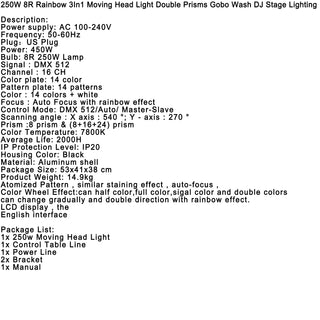 Stage Lighting 250W 8R Rainbow 3In1 Moving Head Light Double Prisms