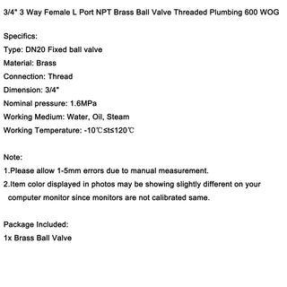3-Way Ball Valve Female L Port Lever Handle 3/4" NPT Made Of Forged Brass