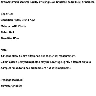 4Pc Chicken Watering Cup Automatic Filling Water Drinking Bowl For Duck And More