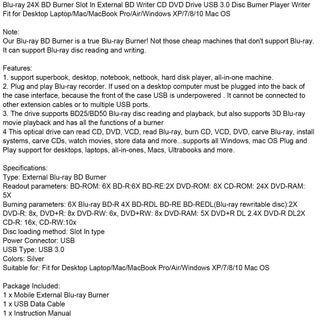 Burner USB External BD-R BD DVD CD RW Disc Writer Movie Player Silver