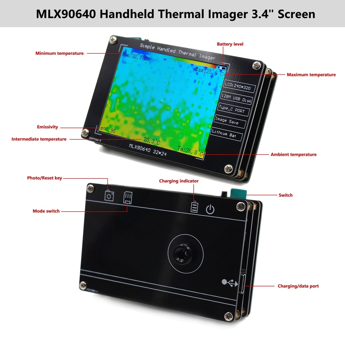 MLX90640 Digital Thermal Imager 2.8" Infrared Temperature Sensors Detection Tool Generic