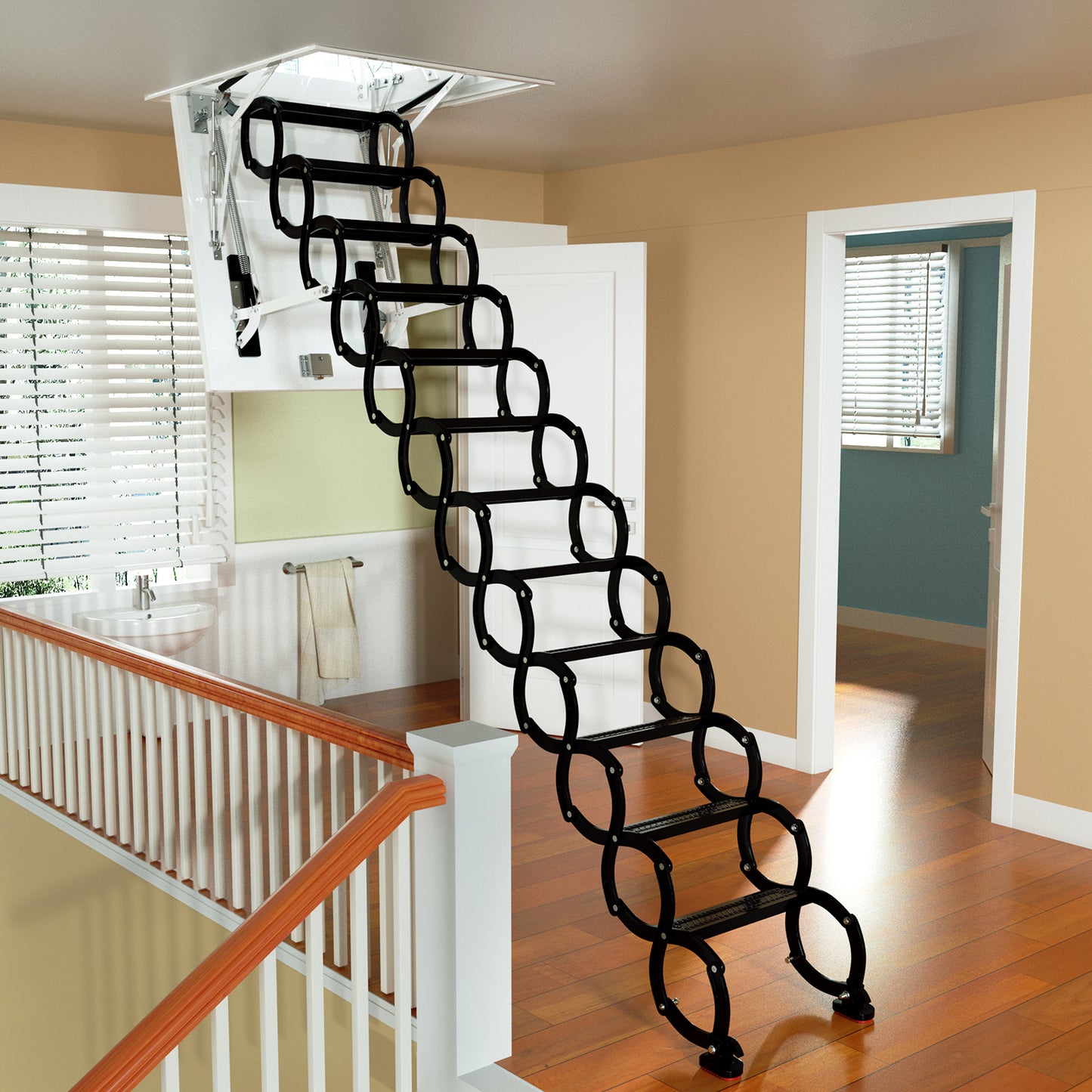 12 Steps Black loft wall ladder stairs and Pull Rod,Loft Wall Folding Pulldown Attic Ceiling Ladder Stairs 39.4 * 27.6"