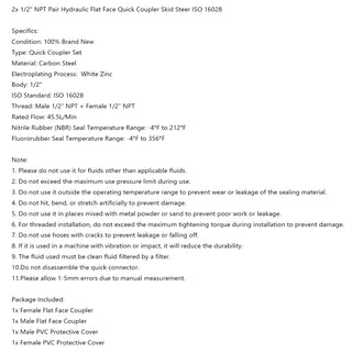 1/2" NPT Pair Hydraulic Flat Face Quick Coupler Skid Steer For Bobcat ISO 16028