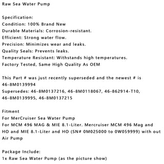Raw Sea Water Pump 46-8M0139994 8M0137215 For MerCruiser Mercury