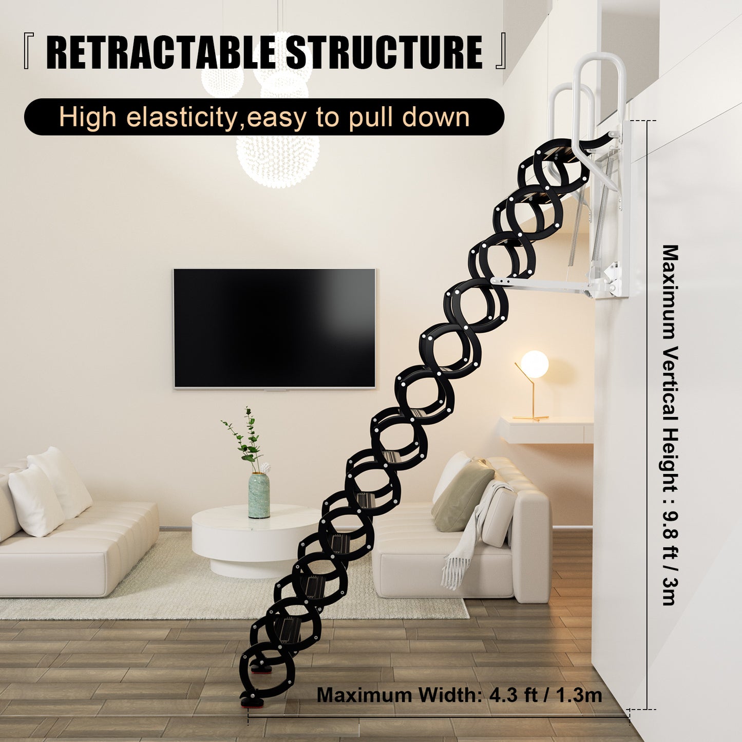 12 Steps Wall Mounted Folding Ladder, Black Loft Attic Stairs,Pull Down Wall Mounted attic Folding Staircase